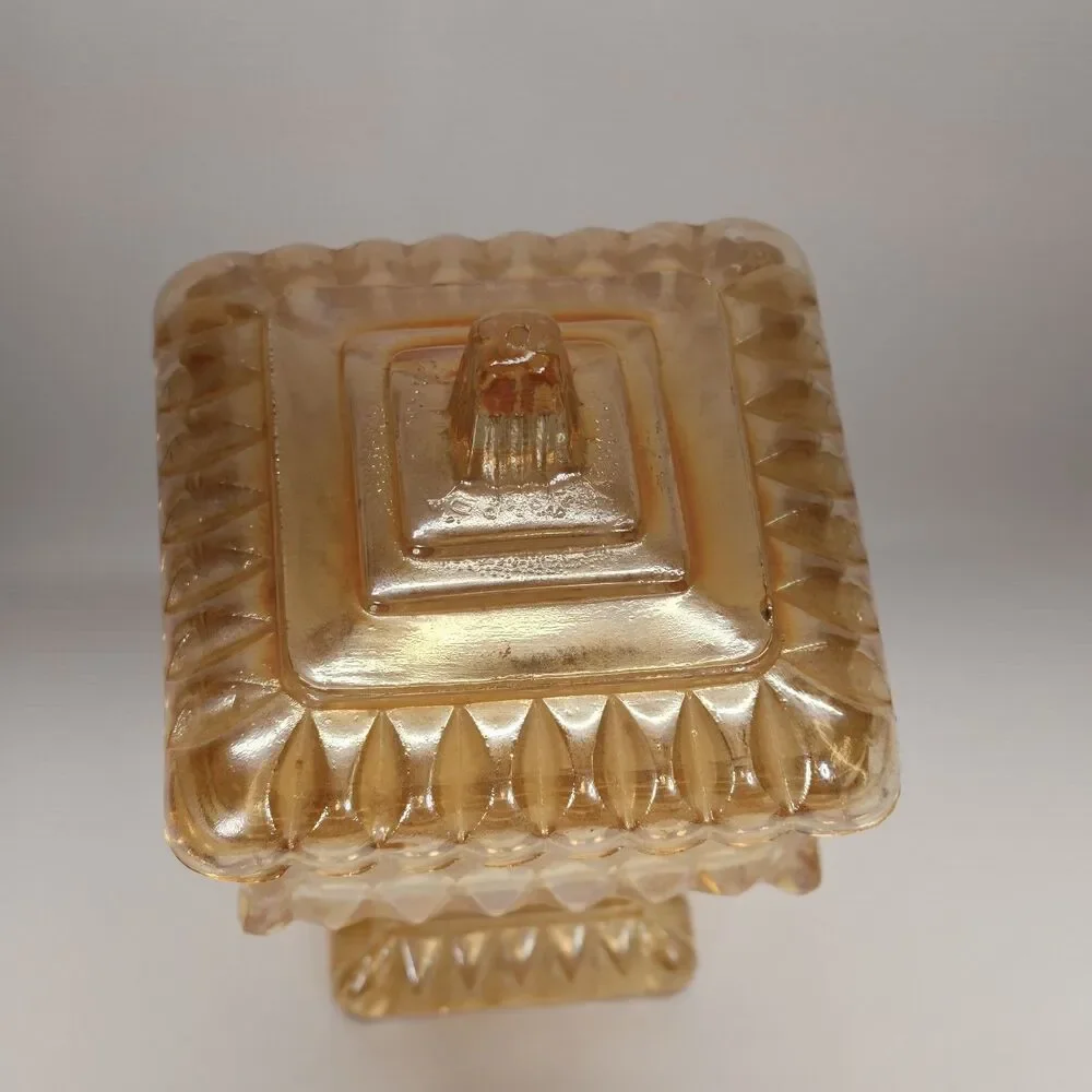 Jeannette Marigold Carnival Glass Covered Pedestal Candy Dish Vintage Square